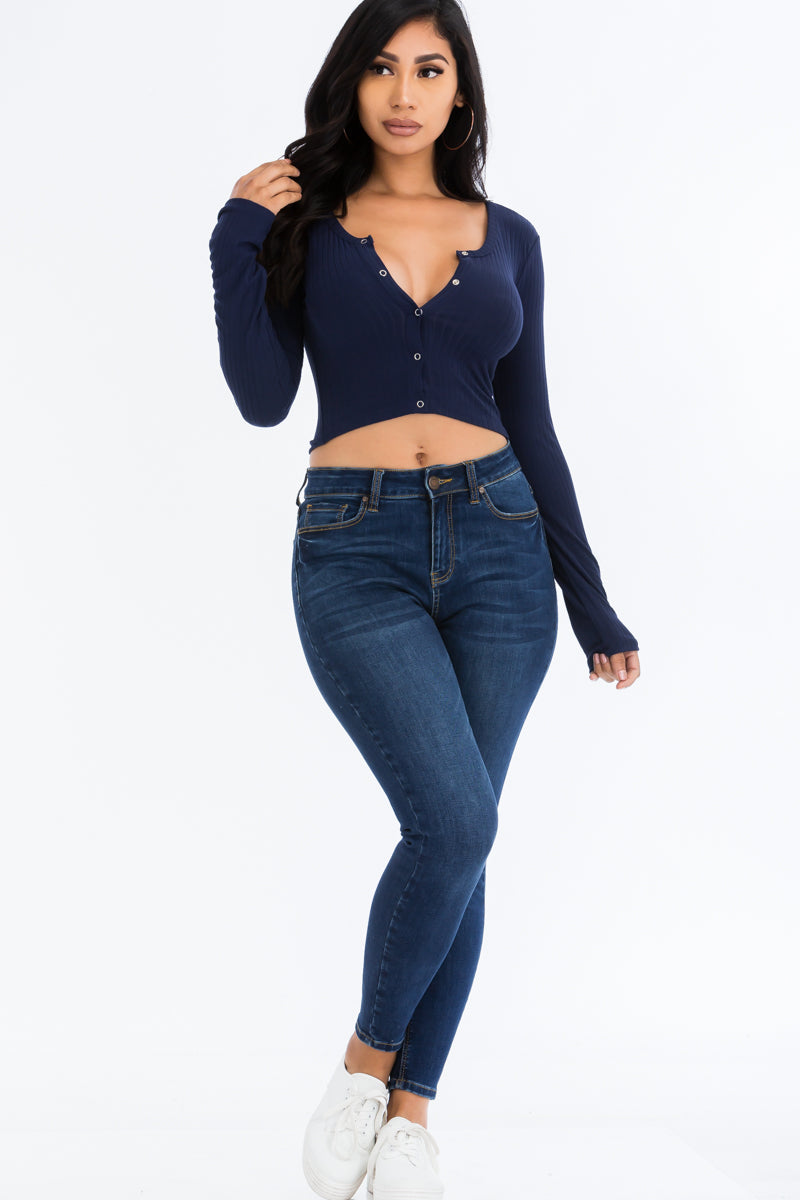Ribbed Long Sleeve Snap Button Down Crop Top (CAPELLA)