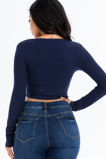 Ribbed Long Sleeve Snap Button Down Crop Top (CAPELLA)