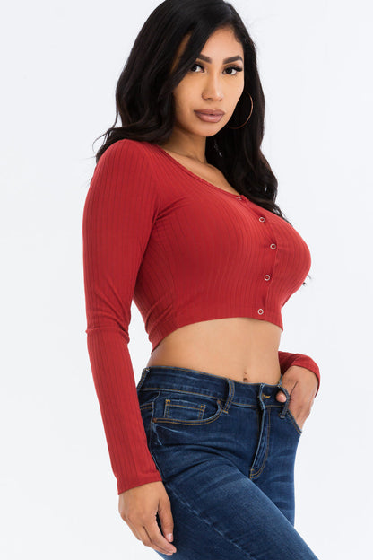 Ribbed Long Sleeve Snap Button Down Crop Top (CAPELLA)