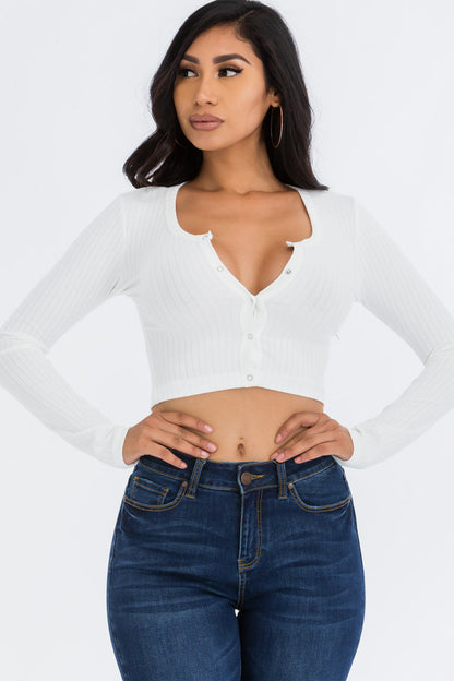 Ribbed Long Sleeve Snap Button Down Crop Top (CAPELLA)