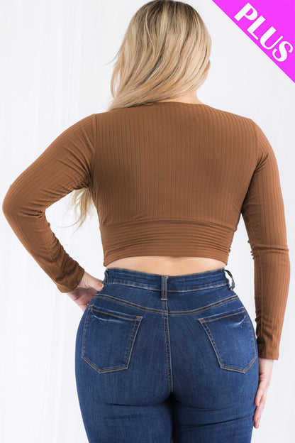 Plus Size Ribbed Wrap Front Long Sleeve Top (CAPELLA)