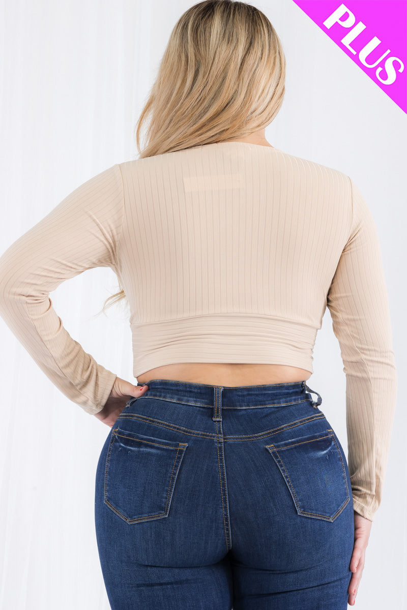 Plus Size Ribbed Wrap Front Long Sleeve Top (CAPELLA)