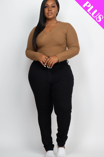 Plus Size Ribbed Wrap Front Long Sleeve Top (CAPELLA)