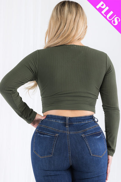 Plus Size Ribbed Wrap Front Long Sleeve Top (CAPELLA)
