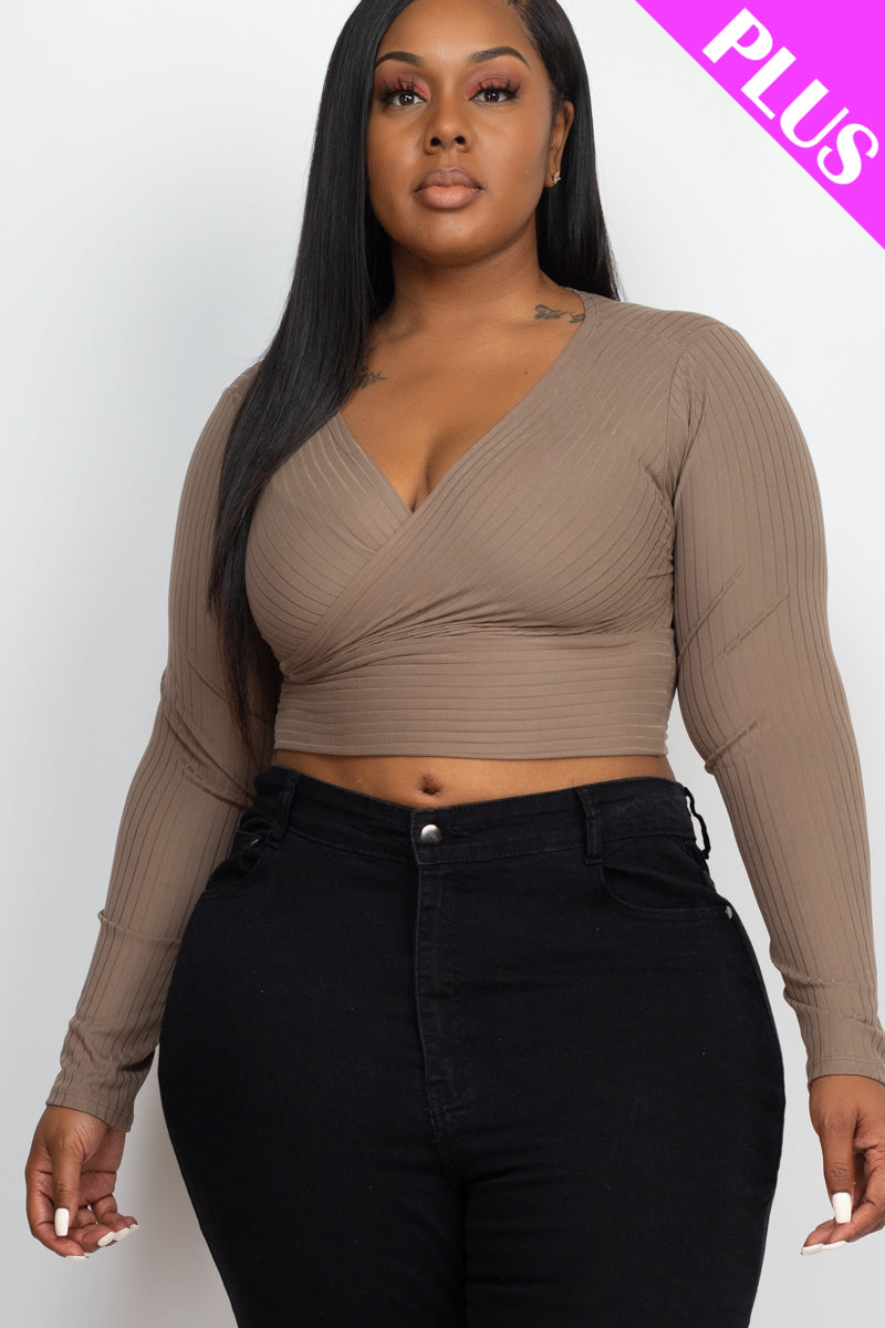 Plus Size Ribbed Wrap Front Long Sleeve Top (CAPELLA)