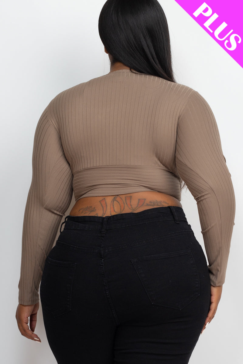 Plus Size Ribbed Wrap Front Long Sleeve Top (CAPELLA)