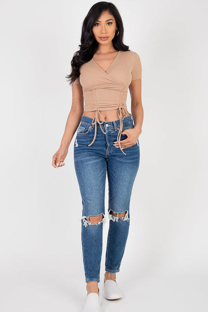 Ribbed Ruched Drawstring Surplice Top (CAPELLA)