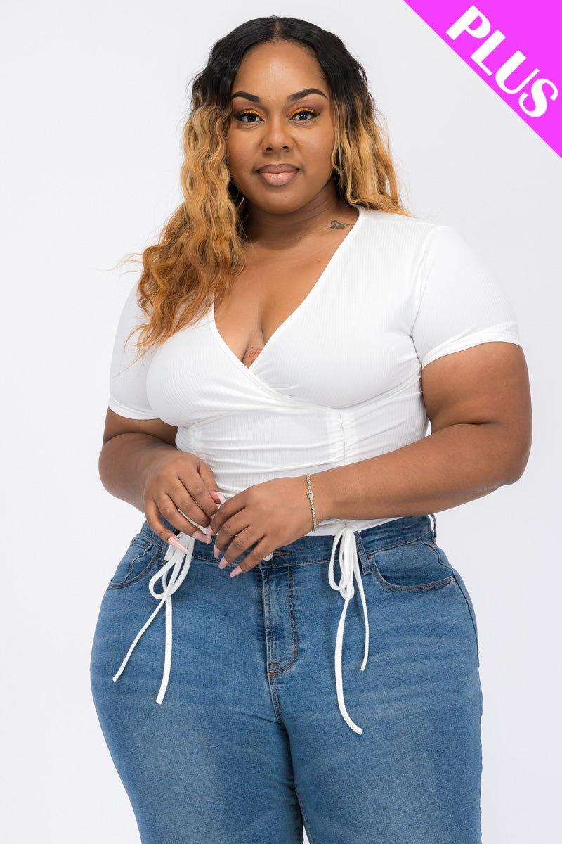Plus Size Ribbed Ruched Drawstring Surplice Top (CAPELLA)