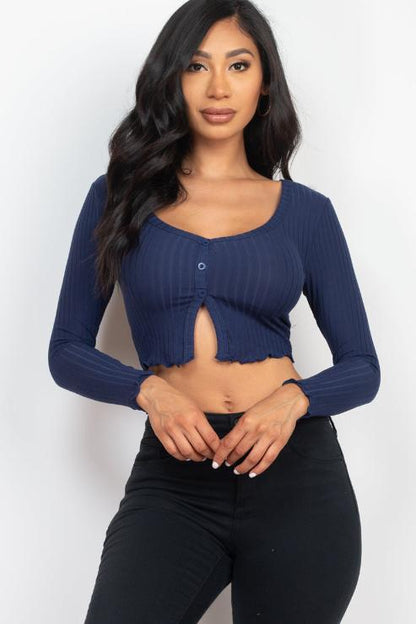 Ribbed Button Front Split Long Sleeve Top (CAPELLA)