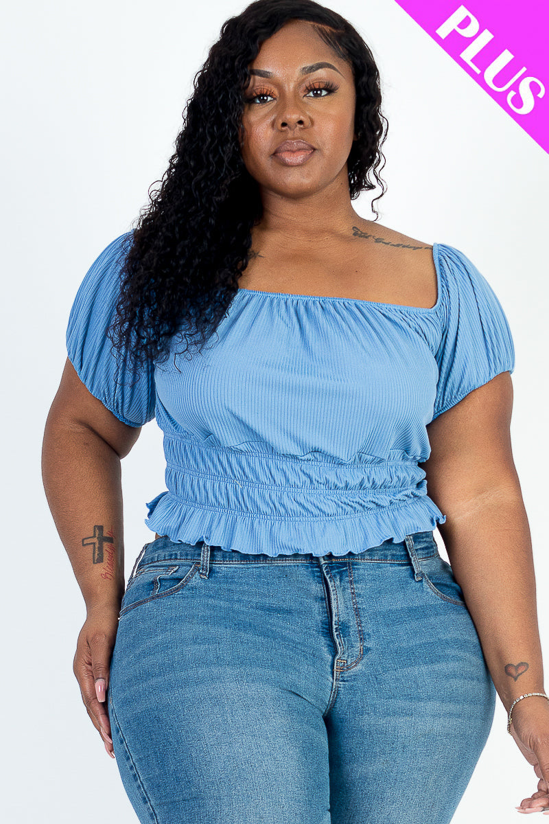 Plus Size Casual Ruched Puff Sleeve Ribbed Knit Solid Top (CAPELLA)