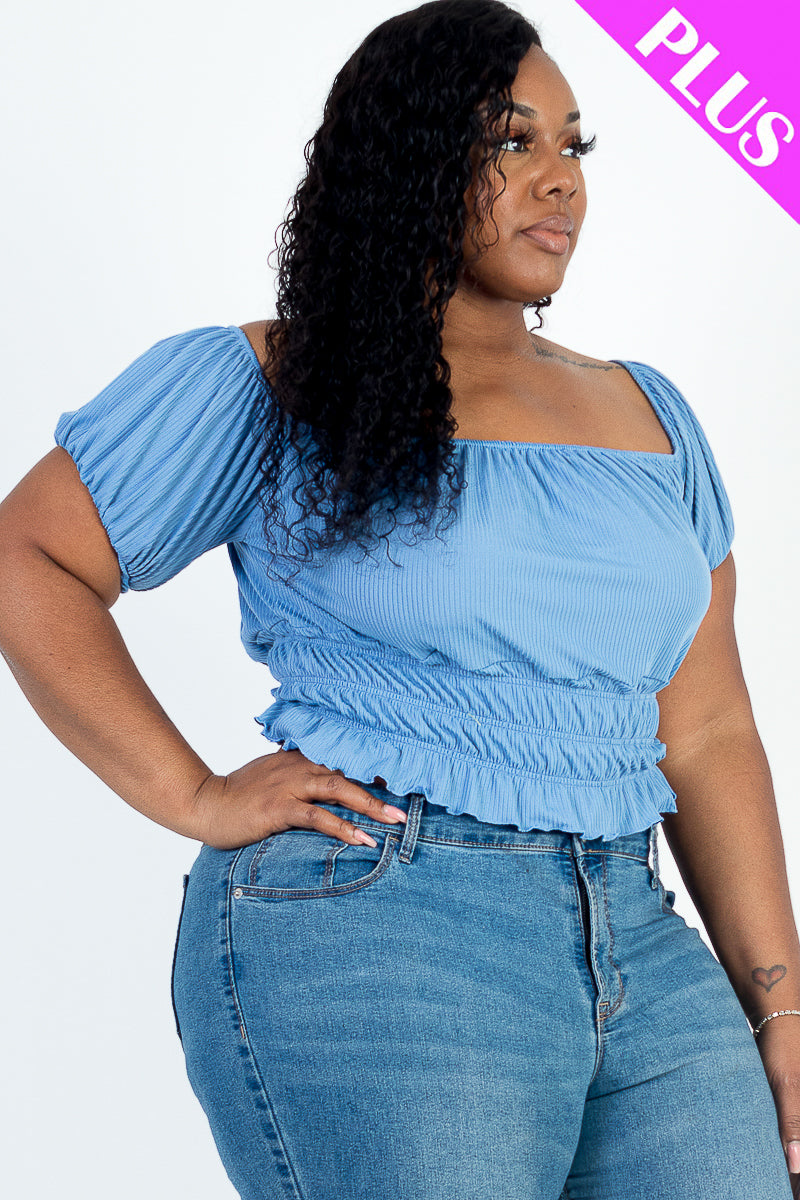 Plus Size Casual Ruched Puff Sleeve Ribbed Knit Solid Top (CAPELLA)