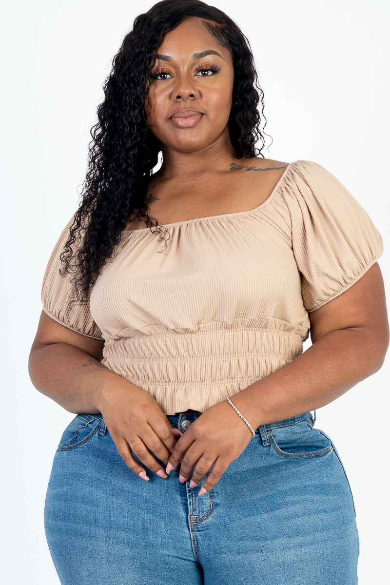 Plus Size Casual Ruched Puff Sleeve Ribbed Knit Solid Top (CAPELLA)