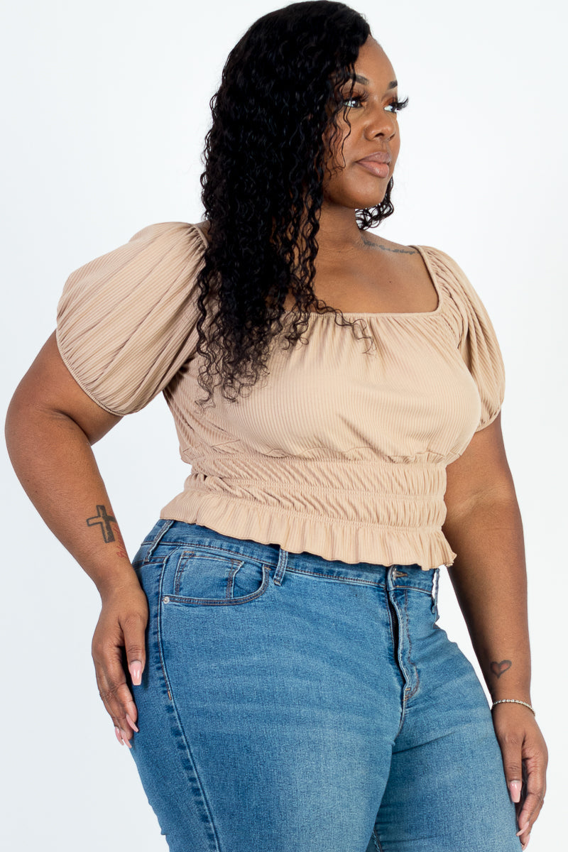Plus Size Casual Ruched Puff Sleeve Ribbed Knit Solid Top (CAPELLA)