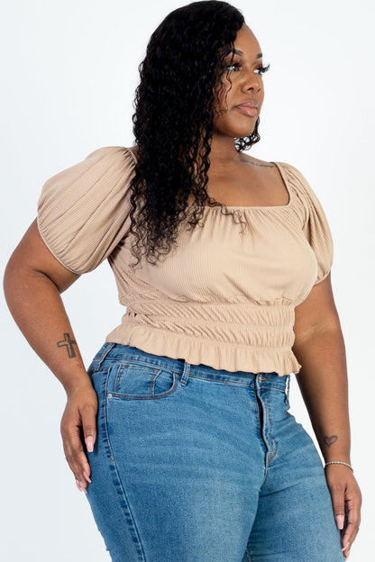 Plus Size Casual Ruched Puff Sleeve Ribbed Knit Solid Top (CAPELLA)