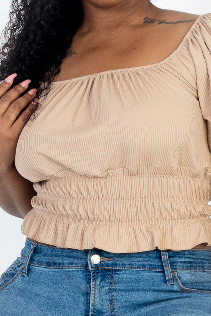 Plus Size Casual Ruched Puff Sleeve Ribbed Knit Solid Top (CAPELLA)
