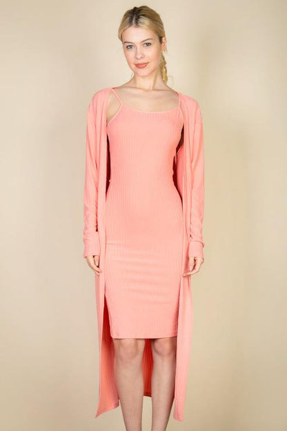 Ribbed Cardigan & Cami Midi Bodycon Dress (CAPELLA)