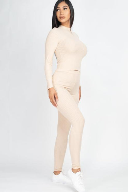 Ribbed Mock Neck Long Sleeve Top & Leggings Set (capella)