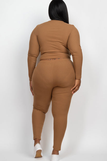 Plus Size Ribbed Mock Neck Long Sleeve Top & Leggings Set (capella)