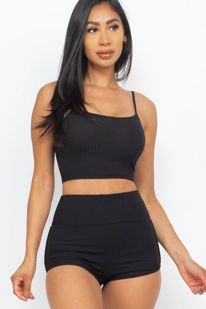Ribbed Cami Crop Top & Ruched Shorts Set(CAPELLA)