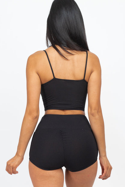 Ribbed Cami Crop Top & Ruched Shorts Set(CAPELLA)