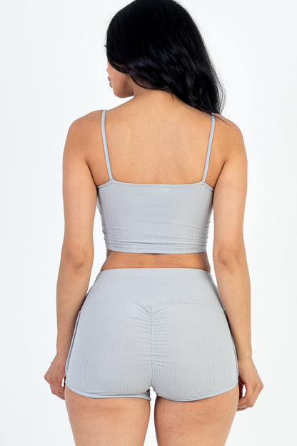 Ribbed Cami Crop Top & Ruched Shorts Set(CAPELLA)