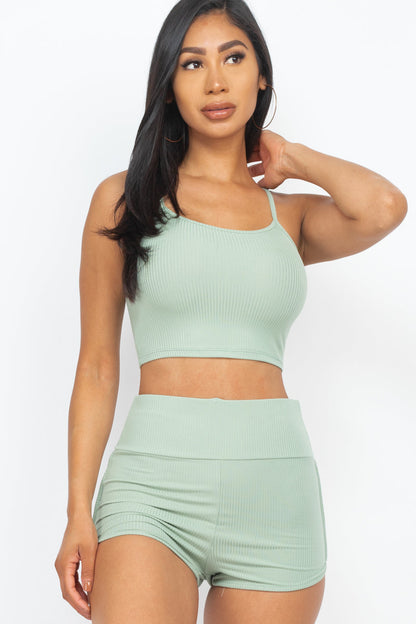 Ribbed Cami Crop Top & Ruched Shorts Set(CAPELLA)