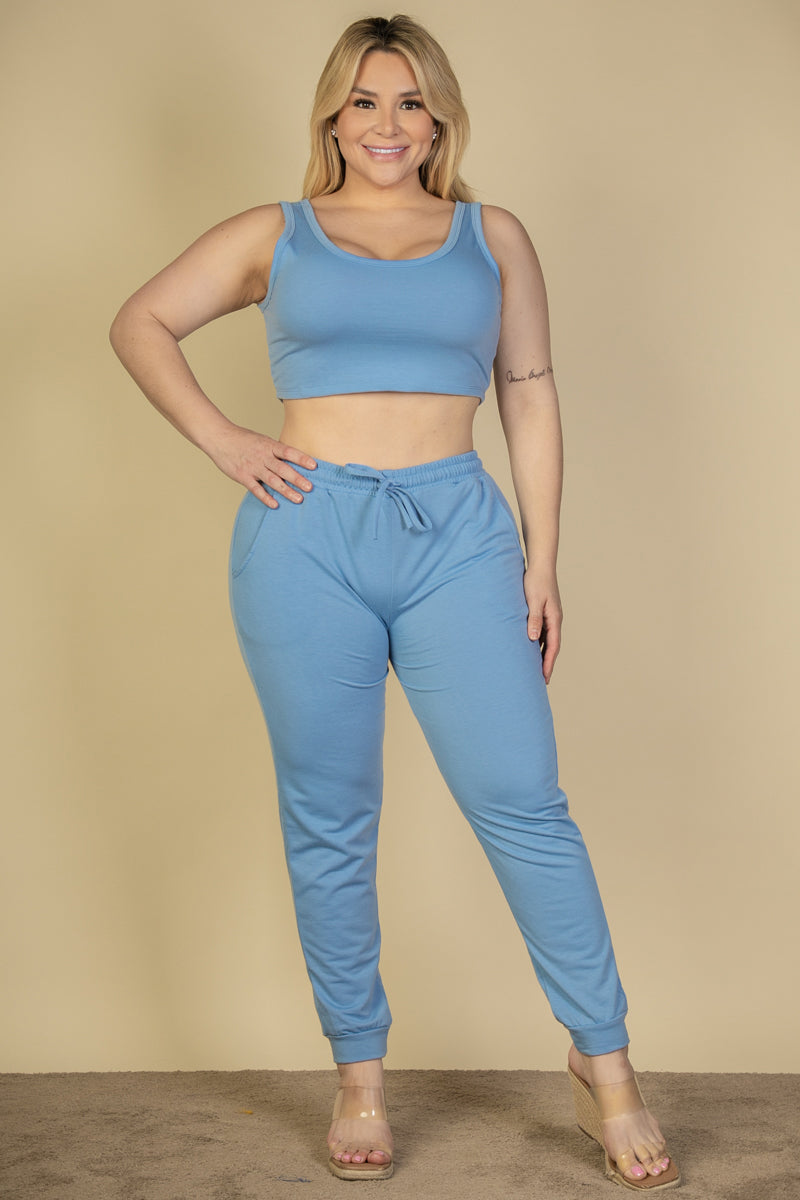 Plus Size French Terry Cropped Tank Top & Joggers Set (CAPELLA)