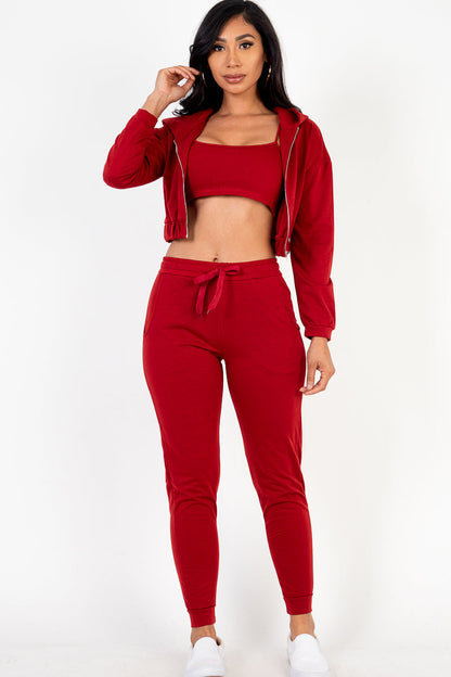 French Terry Cropped Cami with Zip-up Jacket and Joggers Set (CAPELLA)