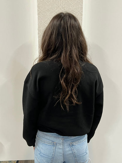 Black Long Sleeve Crew Neck Bow Sequin Detail Inner Fleece Sweatshirt
