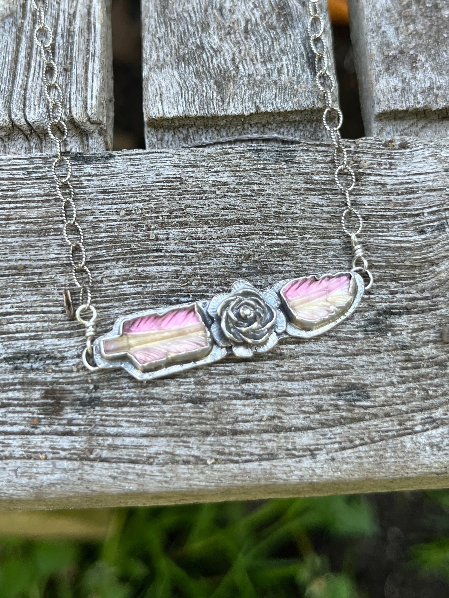 Bi-color Tourmaline Broken Feather Necklace with Flower Adornment ￼