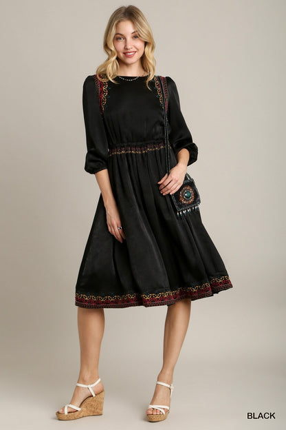 Satin Round Neck Embroidery Midi Dress