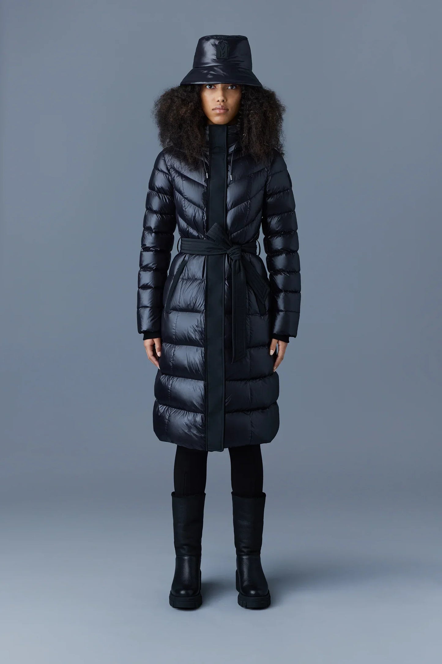 Mackage Coralia Black Down Coat with Hood and Sash Belt