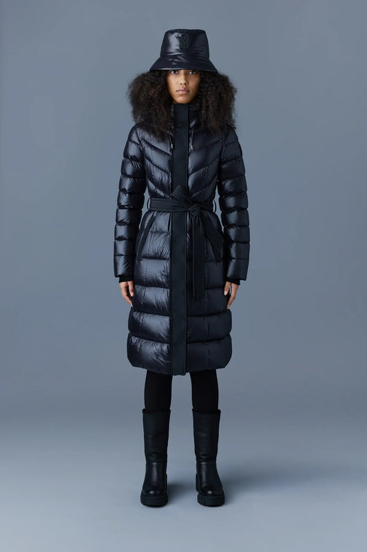 Mackage Coralia Black Down Coat with Hood and Sash Belt