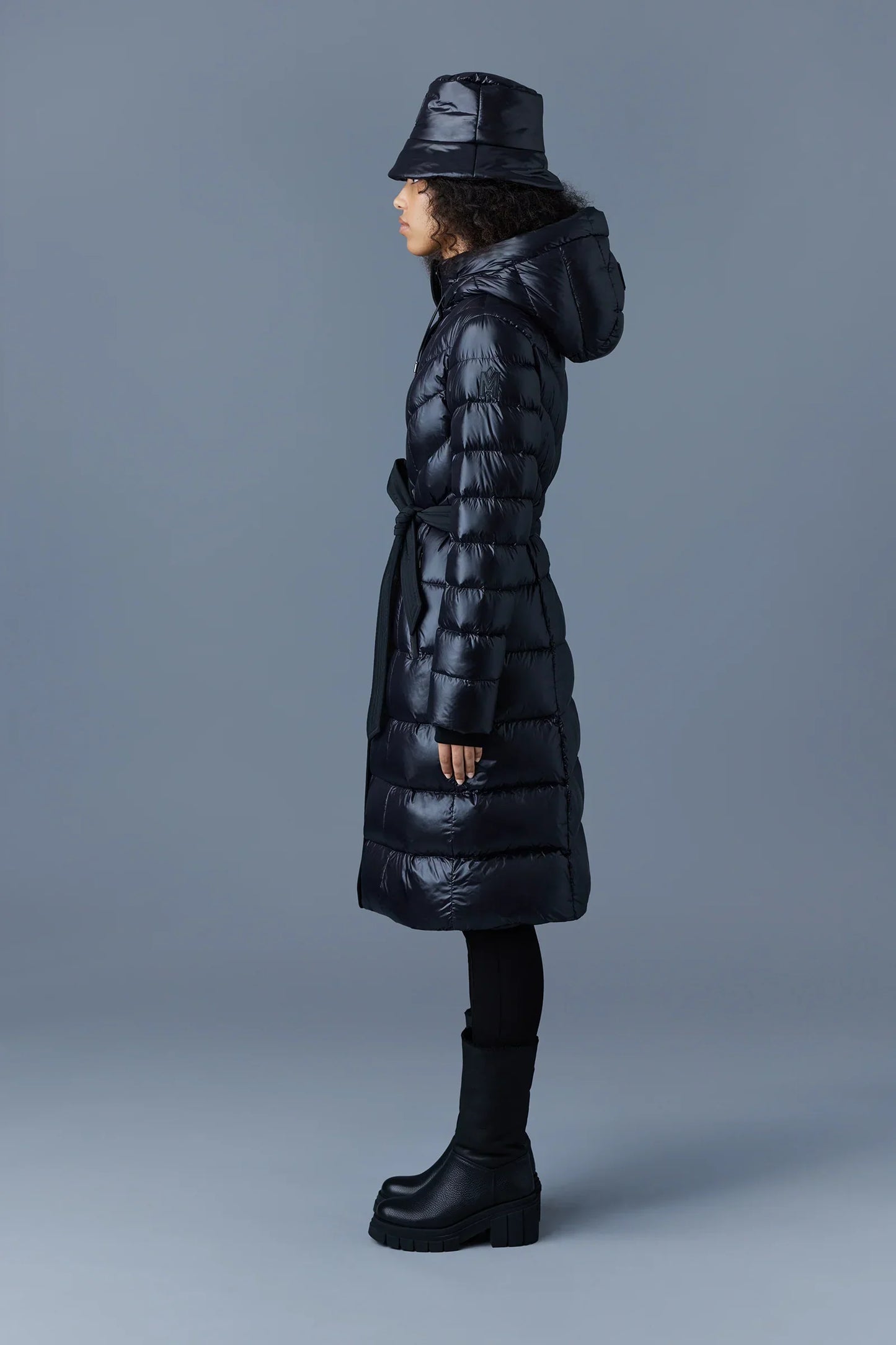 Mackage Coralia Black Down Coat with Hood and Sash Belt