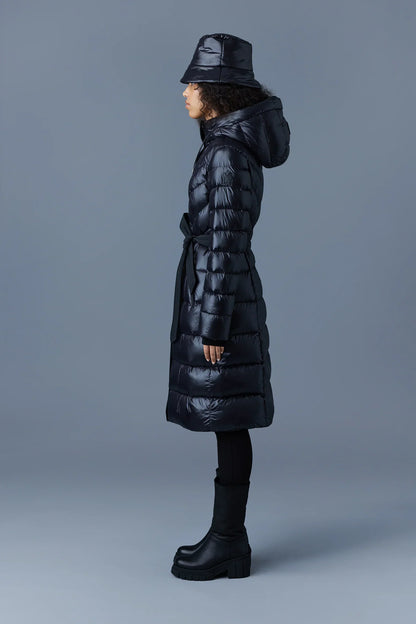 Mackage Coralia Black Down Coat with Hood and Sash Belt