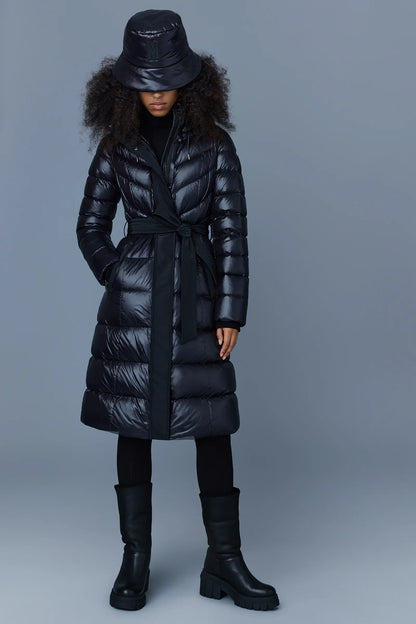 Mackage Coralia Black Down Coat with Hood and Sash Belt