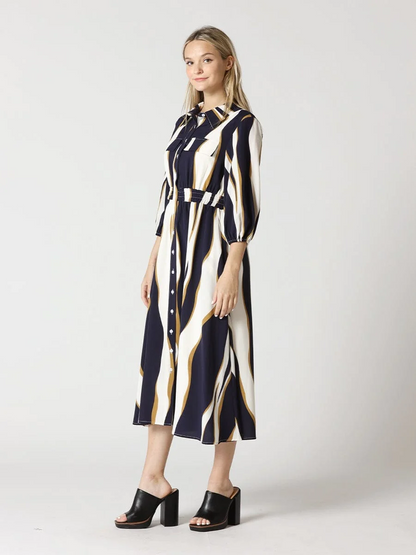 Wavy Abstract Front Button Down Shirt Dress