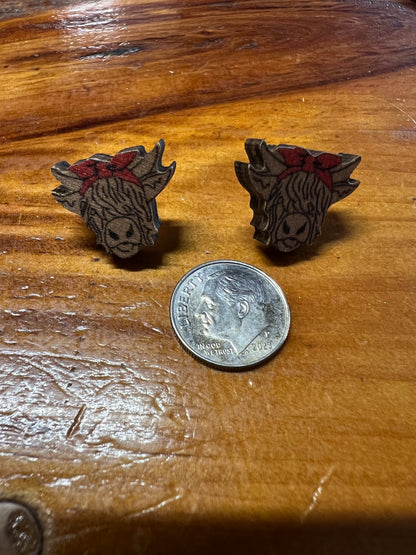 Highland Cow Wooden Post Earrings