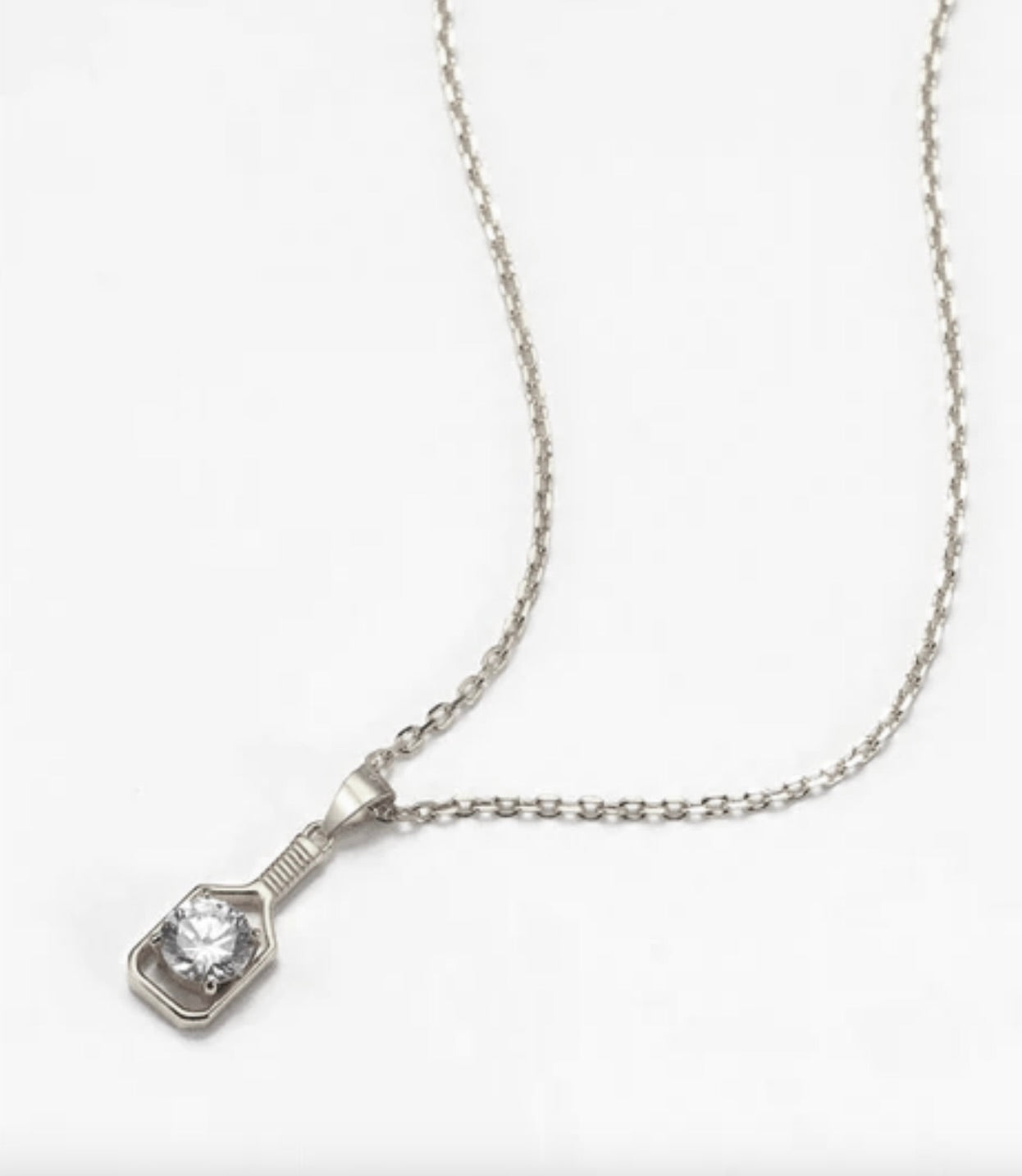 Pickleball FINE Diamond Solitaire Silver Paddle Necklace