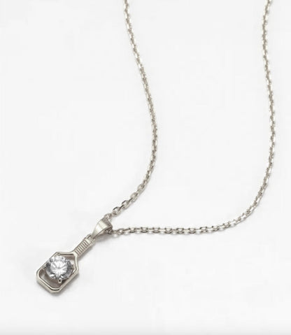 Pickleball FINE Diamond Solitaire Silver Paddle Necklace