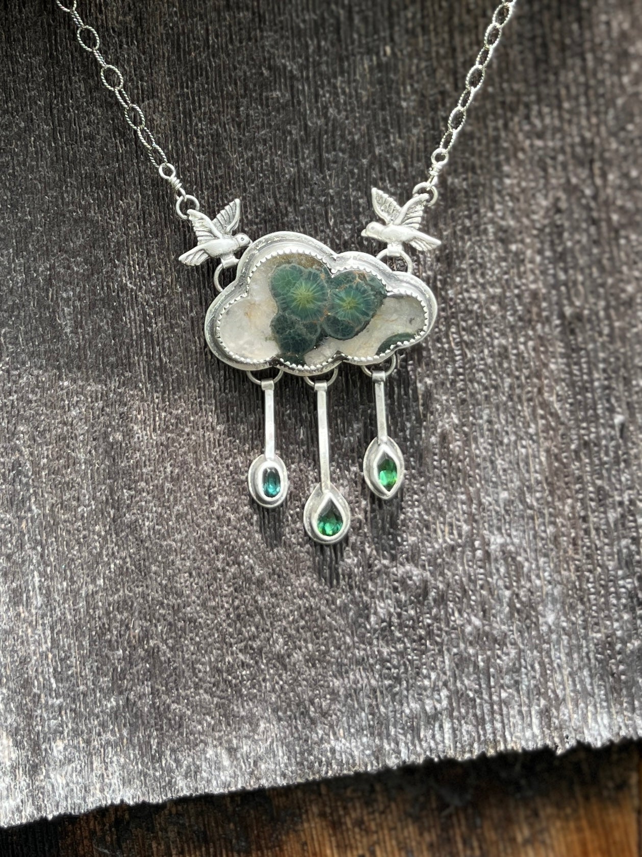 Green Cloud Necklace with Tourmaline Raindrops