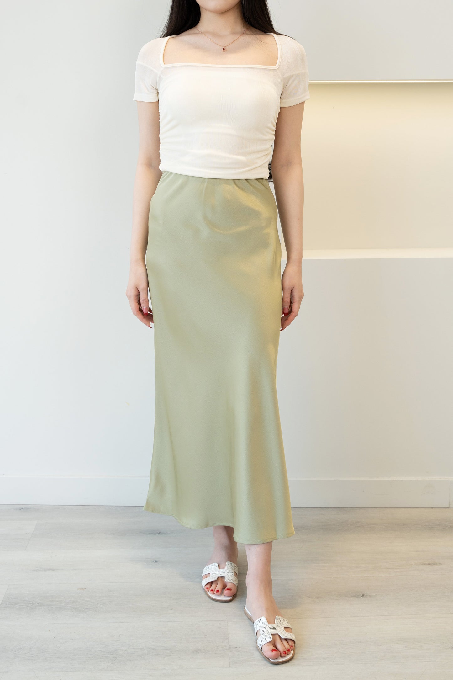 High Waist A-Line Midi Satin Skirt Avocado