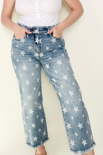 High Waist Star Print Frayed Hem Cropped Straight Jeans