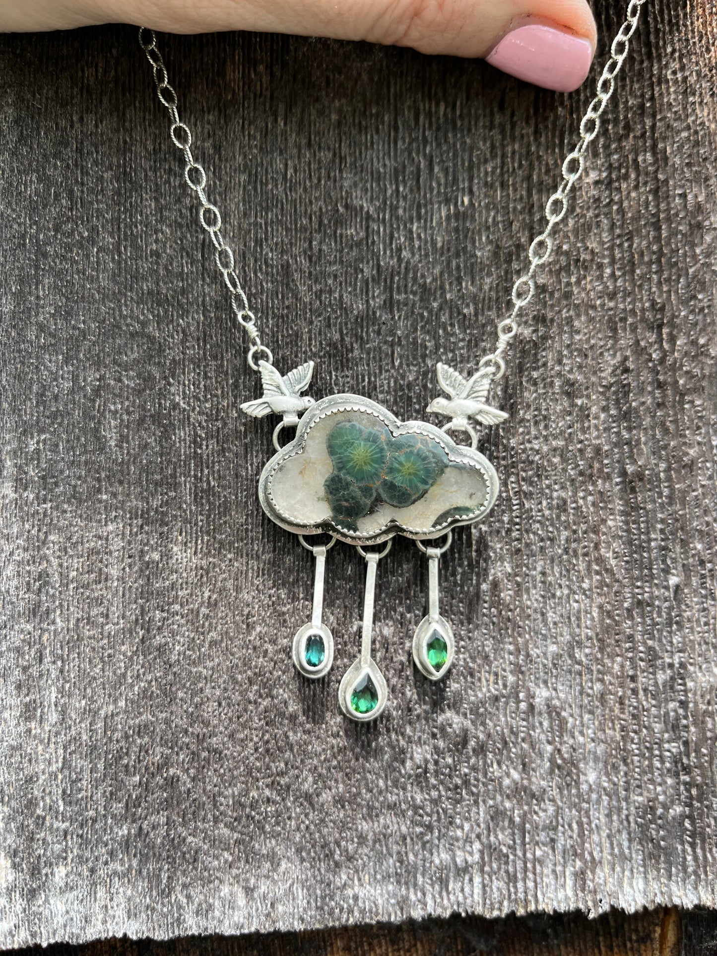 Green Cloud Necklace with Tourmaline Raindrops