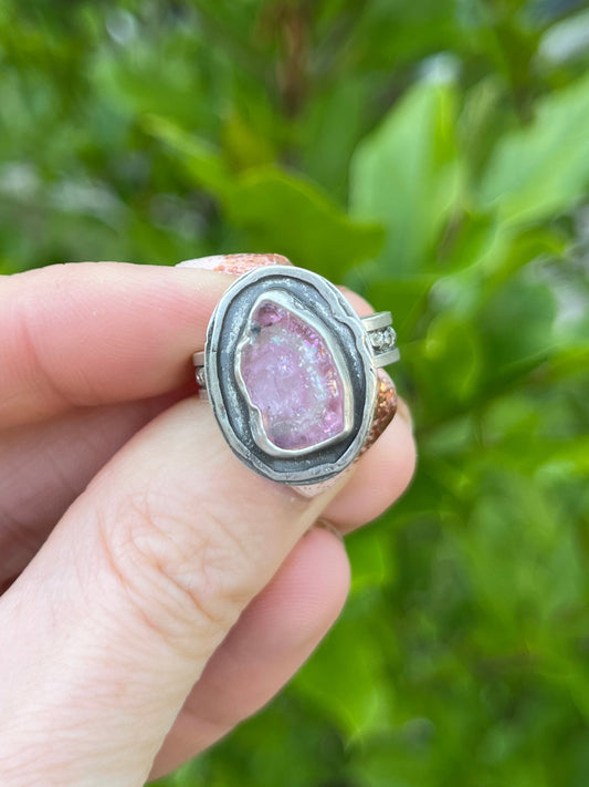 Pink Tourmaline Rough Slice Reservoir Ring