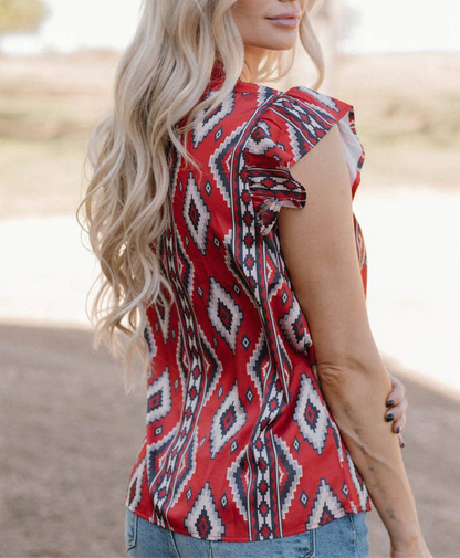RED AZTEC PRINT FLUTTER SLEEVE BABYDOLL TOP