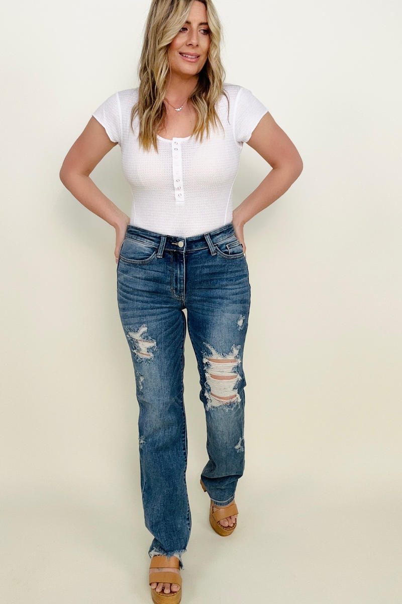 Judy Blue Mid-Rise Distressed Straight Jeans