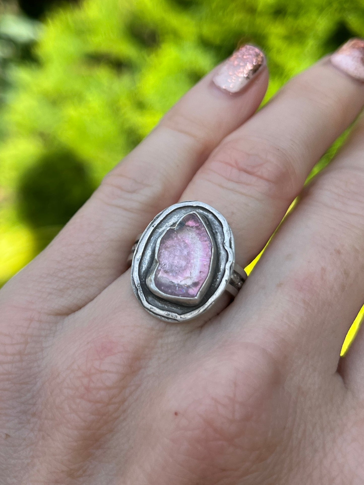 Pink Tourmaline Rough Slice Reservoir Ring