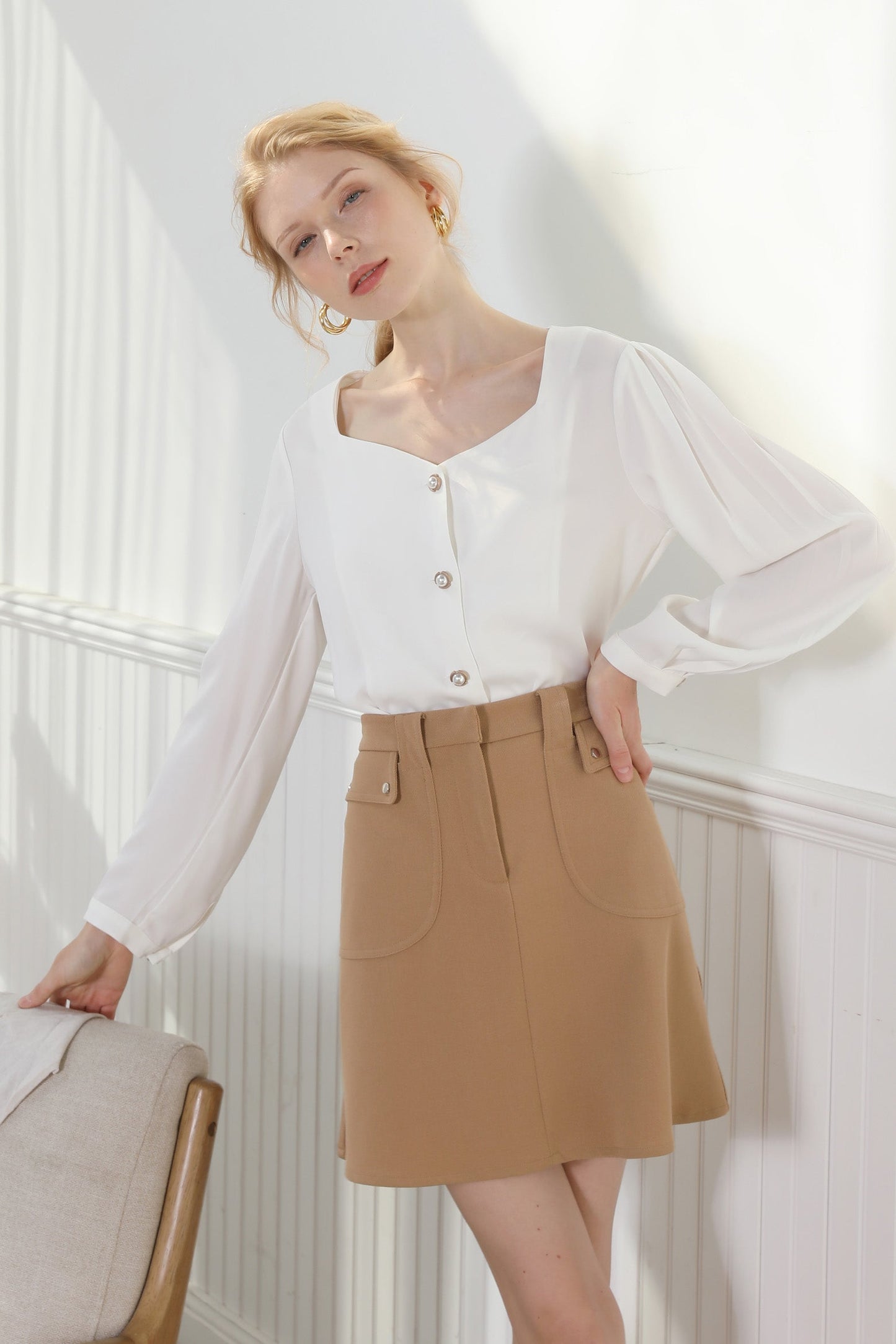 Feminine Blouse White With Pearl Detail