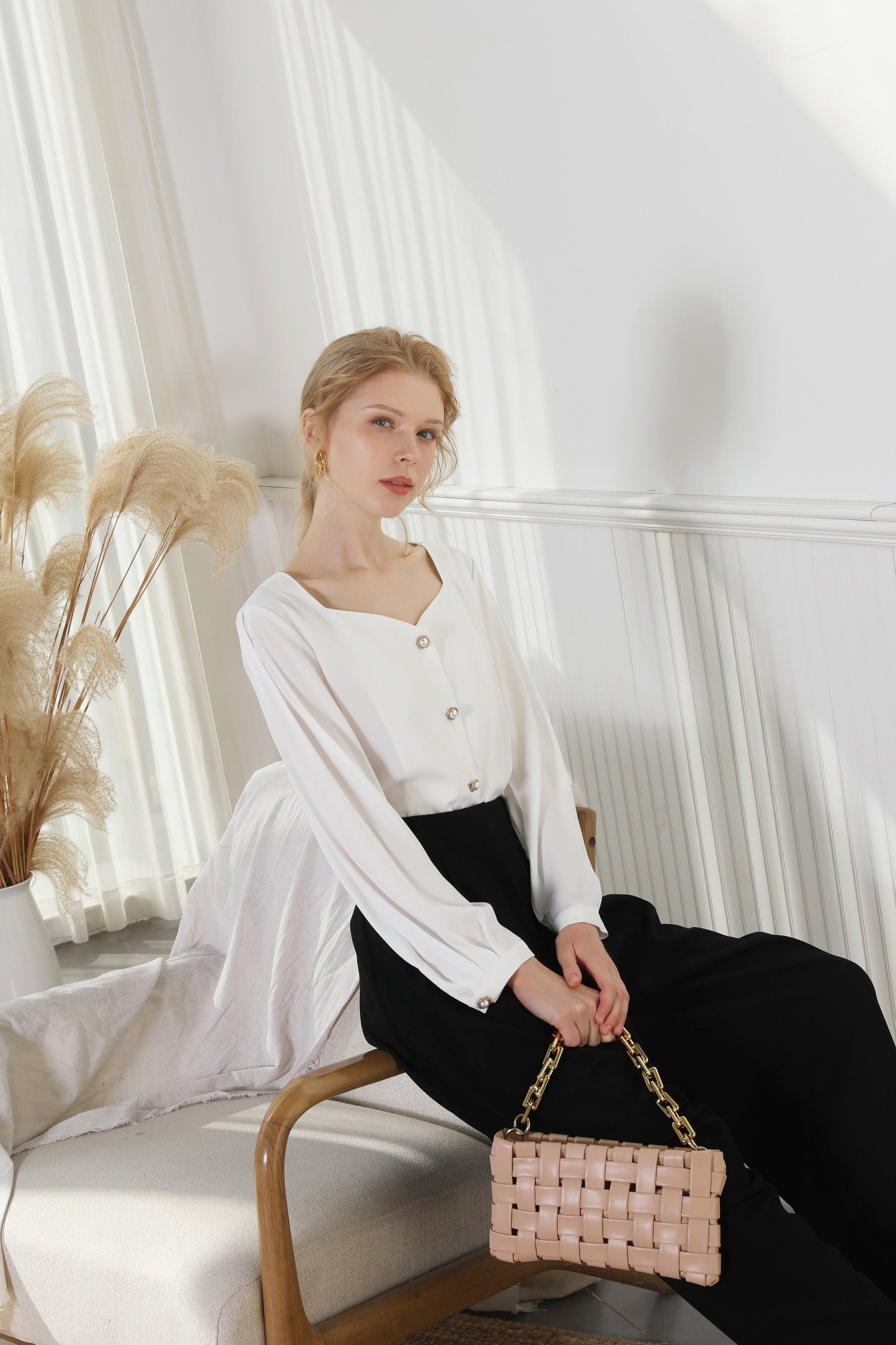 Feminine Blouse White With Pearl Detail
